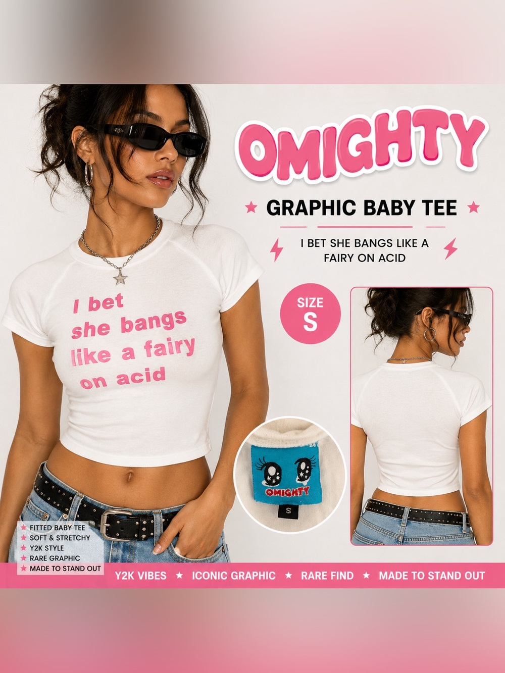 omighty White Tee with Hot Pink Bold Slogan